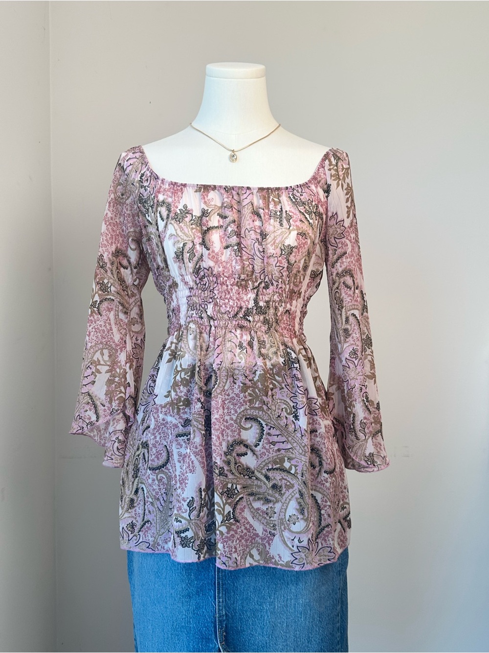 Y2K Vintage Smocked Square-Neck Sheer Tunic Top in Blush Paisley